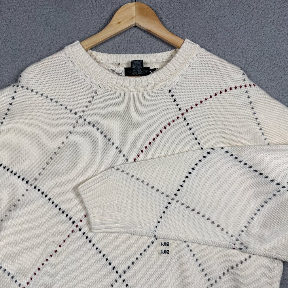 Croft & Barrow Sweater Mens Size XL Ivory Cable Knit Crew Neck Plaid Cotton NWT